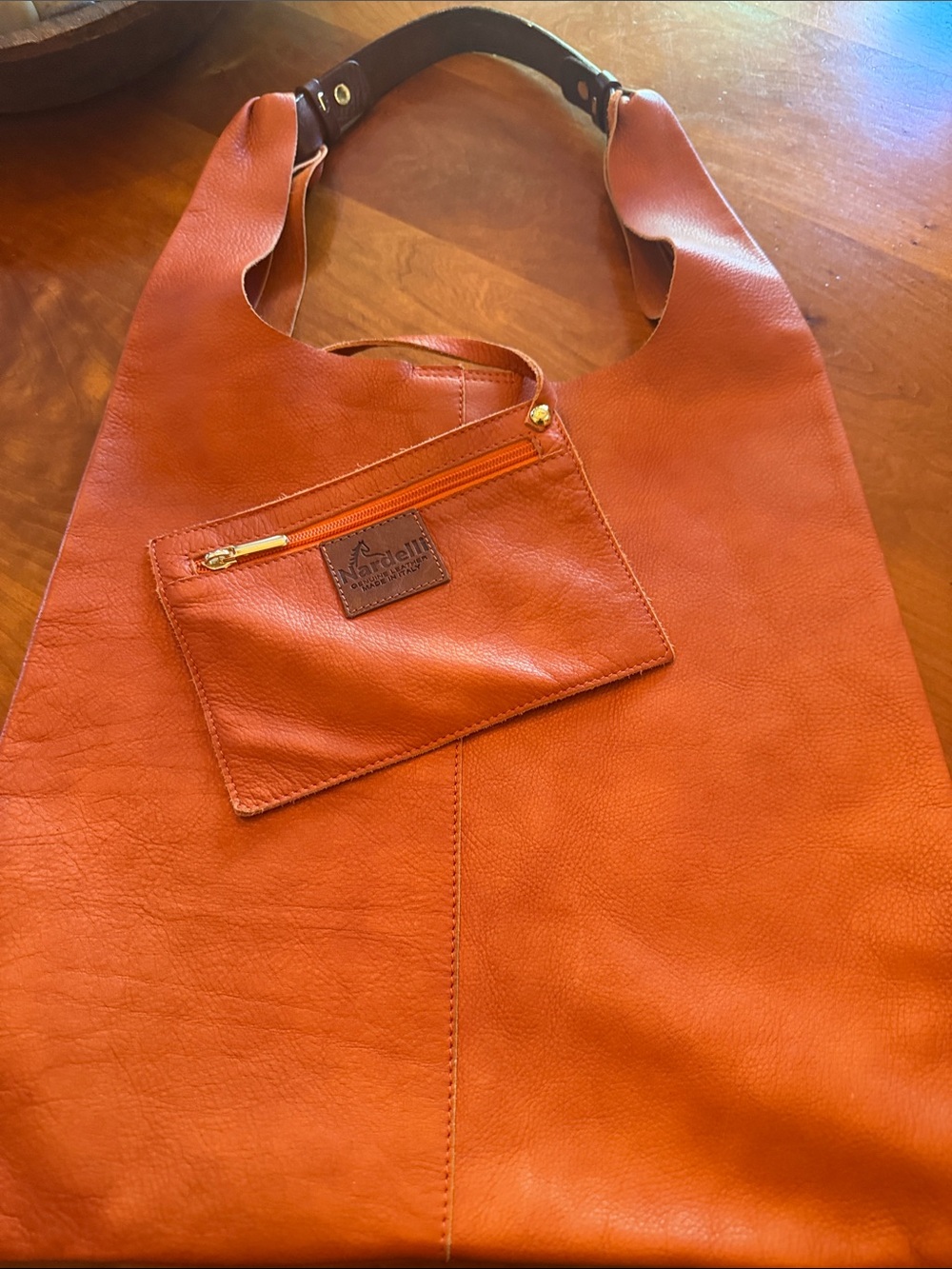 Orange Leather Hobo Bag with Removable Pouch